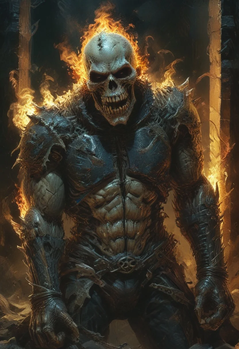 Full body warrior ghost rider after battle bruised, sleepy , sleepy face, open mouth, Stand and brush teeth in front of the mirror., blood every where, dead body on ground, side view, look at his hand, light night, intricate, elegant, sharp focus, illustration, highly detailed, digital painting, concept art, matte, art by wlop and artgerm and ivan shishkin and andrey shishkin, masterpiece, <lora:add-detail-xl:1>, <lora:xl_more_art-full_v1:0.75>