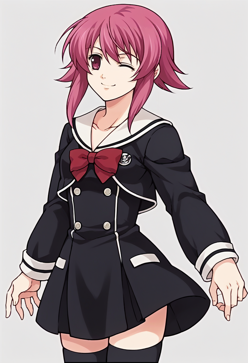 score_9, score_8_up, score_7_up, source_anime BREAK
<lora:zs_FE9PortraitsXL:1> fe9portraits, solo, cowboy shot, simple background, 1girl, female focus, smile, wink,
<lora:OnoeSerika_XLPD:1> OnoeSerDef, short hair, pink hair, short hair with long locks, pink eyes, school uniform, black dress, white sailor collar, long sleeves, red bow, zettai ryouiki, black thighhighs