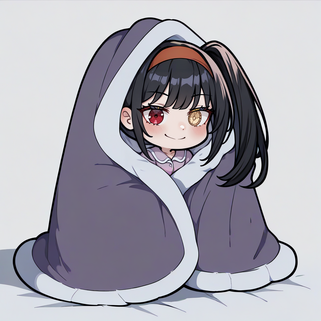 masterpiece, best quality, newest, absurdres, highres, blanket, chibi, under covers, <lora:CozyBlanket_illusXL_Incrs_v1:1>, pajamas, alternate costume,  <lora:ChamKurumiIllustriousXL:1>, KrmiDef, clock eyes, red eye, yellow eye, heterochromia, black hair, long hair, uneven twintails, hairband, blush, smile,