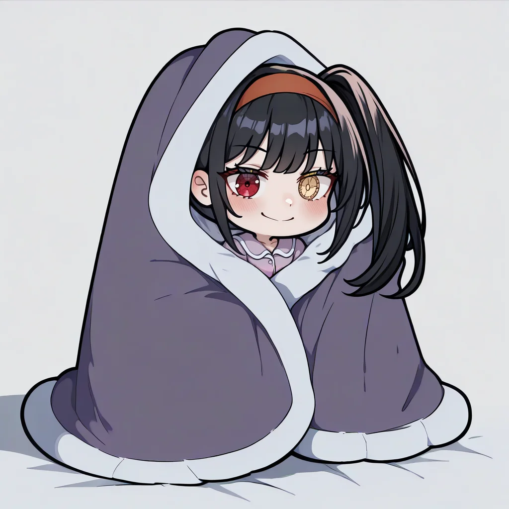 masterpiece, best quality, newest, absurdres, highres, blanket, chibi, under covers, <lora:CozyBlanket_illusXL_Incrs_v1:1>, pajamas, alternate costume, <lora:ChamKurumiIllustriousXL:1>, KrmiDef, clock eyes, red eye, yellow eye, heterochromia, black hair, long hair, uneven twintails, hairband, blush, smile,