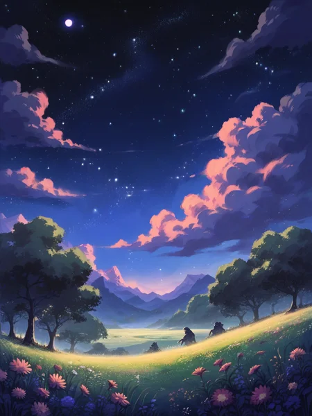 score_9, score_8_up, score_7_up, score_6_up, score_5_up, <lora:4str0XLP:0.7> 4str0, no humans, sky, outdoors, flower, star (sky), scenery, night, field, in tree, cosmic horror