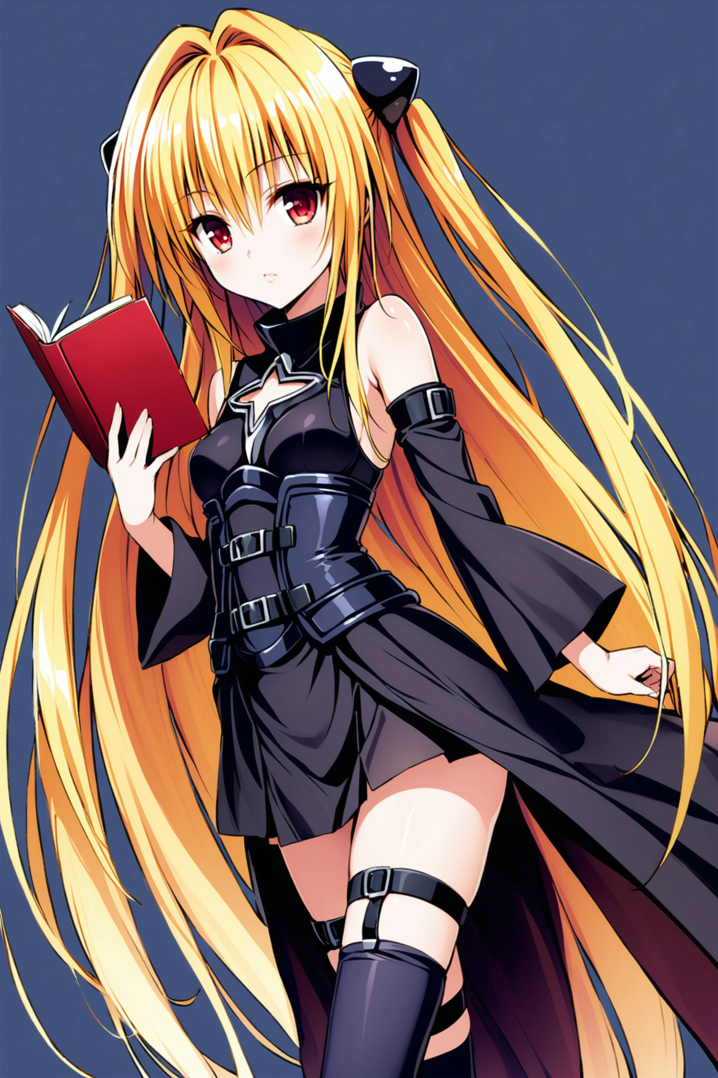 konjiki no yami,1girl,solo,long hair,blonde hair,book,thigh strap,detached sleeves,very long hair,red eyes,white background,holding,two side up,cleavage cutout,hair ornament,holding book,breasts,clothing cutout,simple background,looking at viewer,bare shoulders,thighhighs,cowboy shot,small breasts,black dress,belt,<lora:Yabuki Kentarou_XL_V2:0.8>,