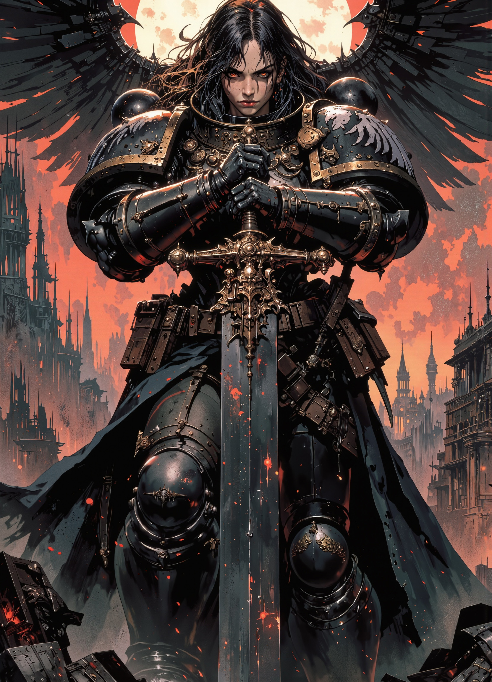RavenG40k space marine holding an ancient sword by the handle. wearing ragged gothic dark armor. The blade itself is a pure black color and a sheen of red light reflects of its worn surface, obsidian landscape, flowing black hair, pitch-black eyes, bored expression <lora:FluxRavenG40k:0.9> <lora:FluxMythP0rtr4itStyle:0.6> mythp0rt,
