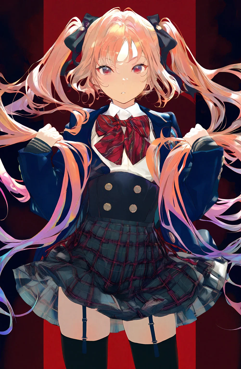 1girl, solo, long_hair, looking_at_viewer, skirt, twintails, cowboy_shot