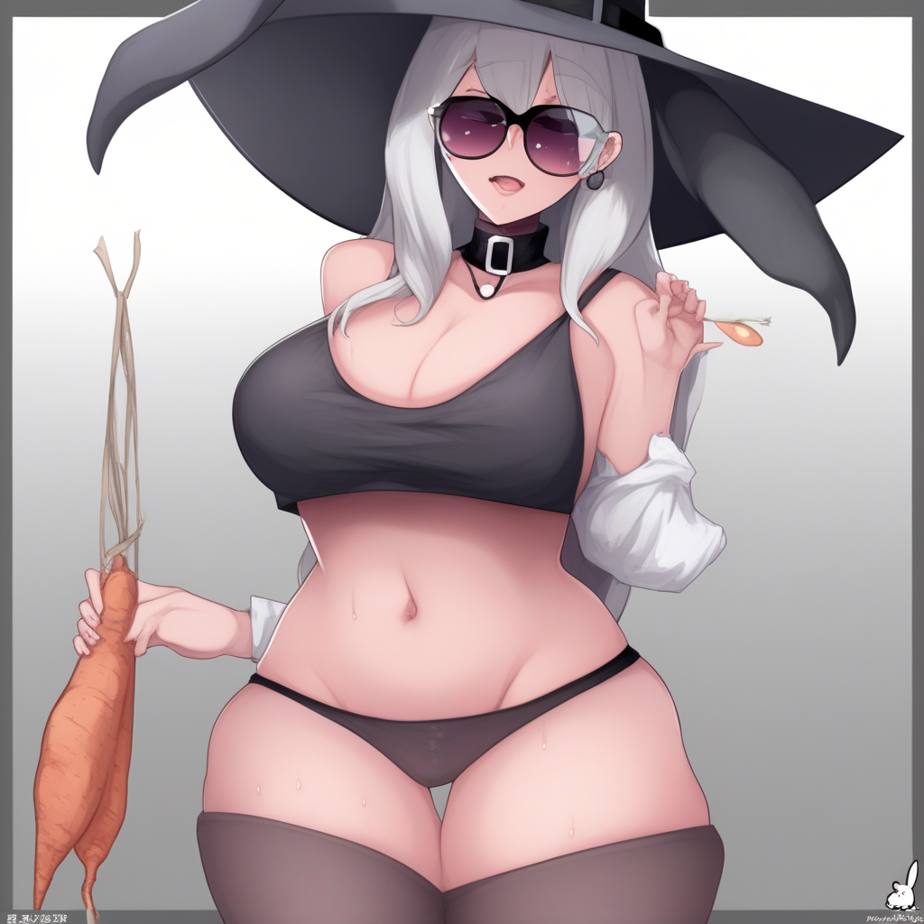christmas, pantyhose, rabbit tail, gradient, earrings, midriff, witch hat, playboy bunny, pen, wet shirt, sunglasses, holding, huge breasts, black choker, shirt lift, strap slip, one eye closed, sweet potato, tank top, nipples, on back, lanyard