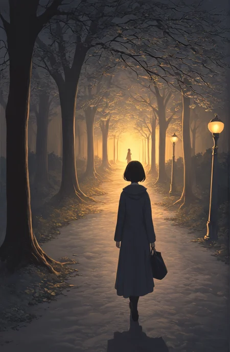 <lora:add-detail-xl:1>,<lora:g0th1cPXL:0.3>,<lora:Hyperdetailed_Colored_Pencil:0.5>,sad,1girl,Night has fallen, casting a dim and tranquil light. Two figures are strolling side - by - side along a pathway. One person affectionately has their arm around the other, suggesting a close bond and companionship. The surrounding trees stand silently, creating a natural enclosure. In the distance, streetlights glow faintly, adding a touch of warmth to the nocturnal scene. Other people can be vaguely seen, further emphasizing the peaceful and ordinary yet endearing nature of this moment.