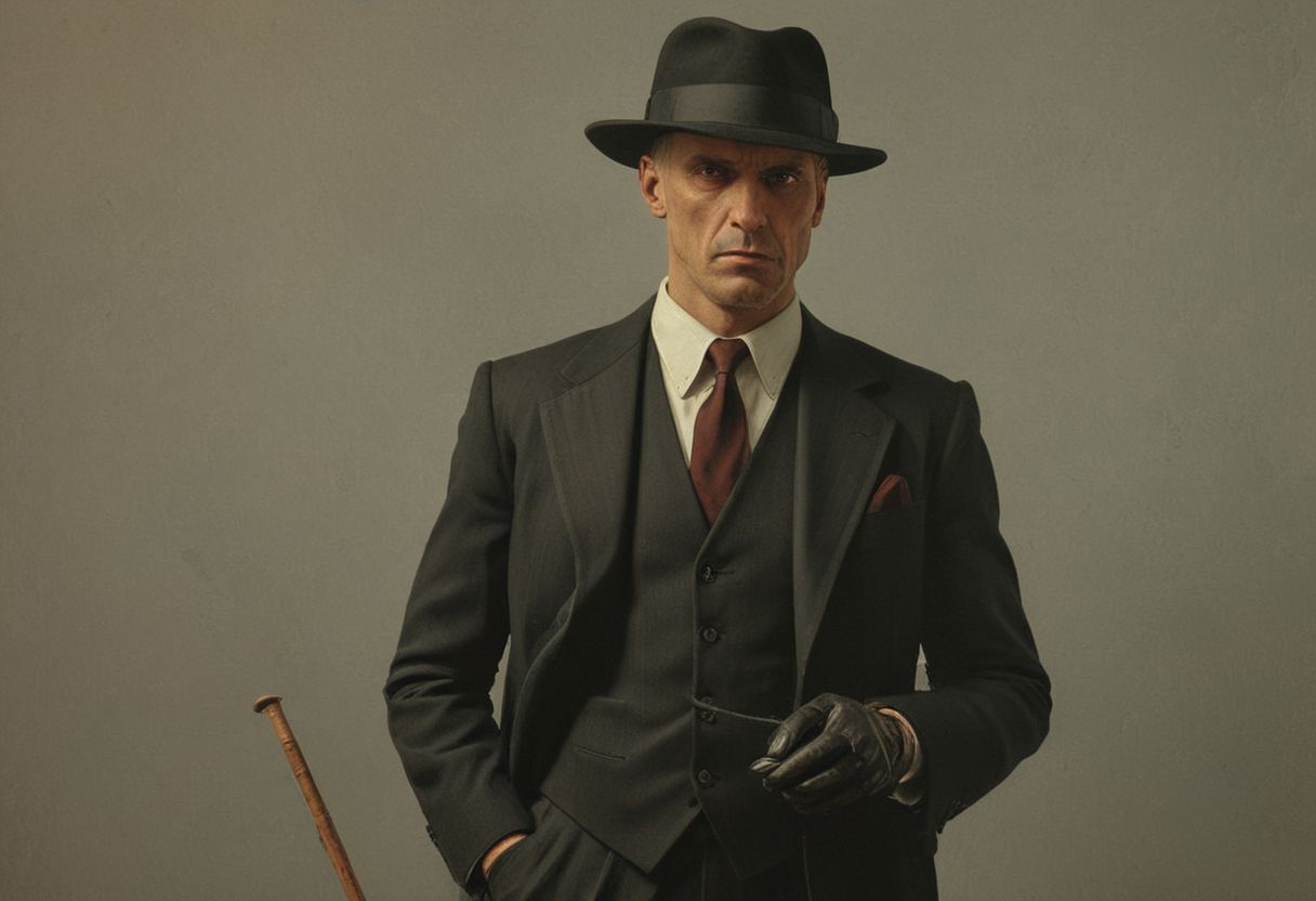 1920s mobster holding a club while wearing a 3 piece black suit and Black Bowler Derby Hat Short Rolled Brim Fedora Hat,  Vibrant (George Tooker) and (Simon Stalenhag) and (Holly Andres) book cover style.
Title: "The Closer".
Life-like details.
Cinematic. Dramatic. Dynamic. 
Pristine Aesthetic.
Enigmatic.
Emotionally Moving.
Moody.
Extremely refined lines and and shapes.
Extremely refined details on objects.
Sharp details.
Complementary colors.
Many details everywhere. Ray-Tracing. Anti-Aliasing. Realistic soft shadows. Low saturation colors. Insane quality. Insane resolution. Insane details. Masterpiece. 32k resolution.