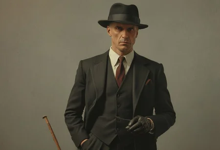 1920s mobster holding a club while wearing a 3 piece black suit and Black Bowler Derby Hat Short Rolled Brim Fedora Hat,  Vibrant (George Tooker) and (Simon Stalenhag) and (Holly Andres) book cover style.
Title: "The Closer".
Life-like details.
Cinematic. Dramatic. Dynamic. 
Pristine Aesthetic.
Enigmatic.
Emotionally Moving.
Moody.
Extremely refined lines and and shapes.
Extremely refined details on objects.
Sharp details.
Complementary colors.
Many details everywhere. Ray-Tracing. Anti-Aliasing. Realistic soft shadows. Low saturation colors. Insane quality. Insane resolution. Insane details. Masterpiece. 32k resolution.