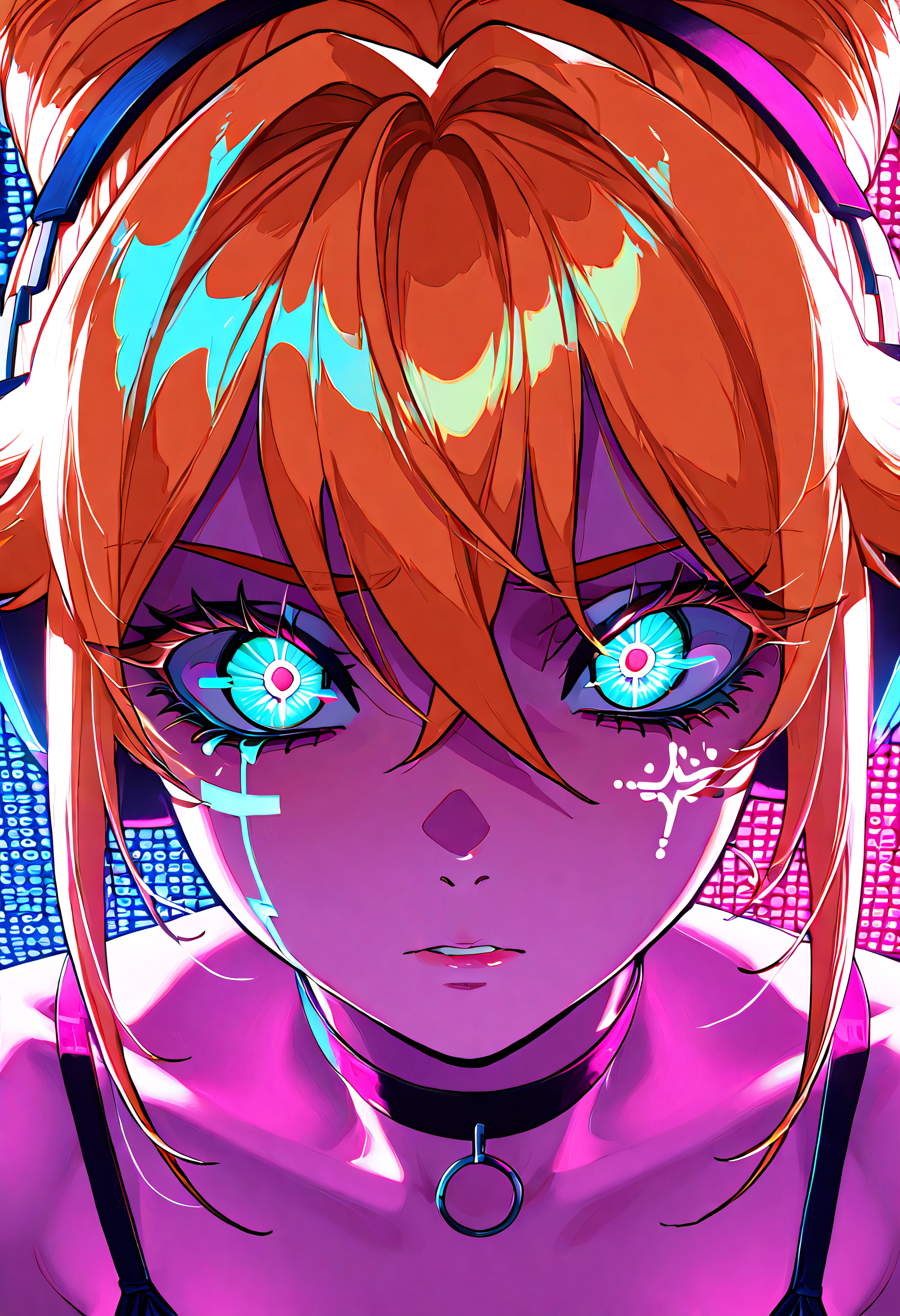 1girl, solo, neon punk ballerina with glitch tears, wistful look as if haunted by code, glitching VR nightclub in zero gravity, binary high-pass filter distortion, 90s VHS bright color scheme, plus, satanic symbols & demonic iconography, fisheye close-up portrait, hyper-detailed, cinematic lighting, 8K, ultra textural