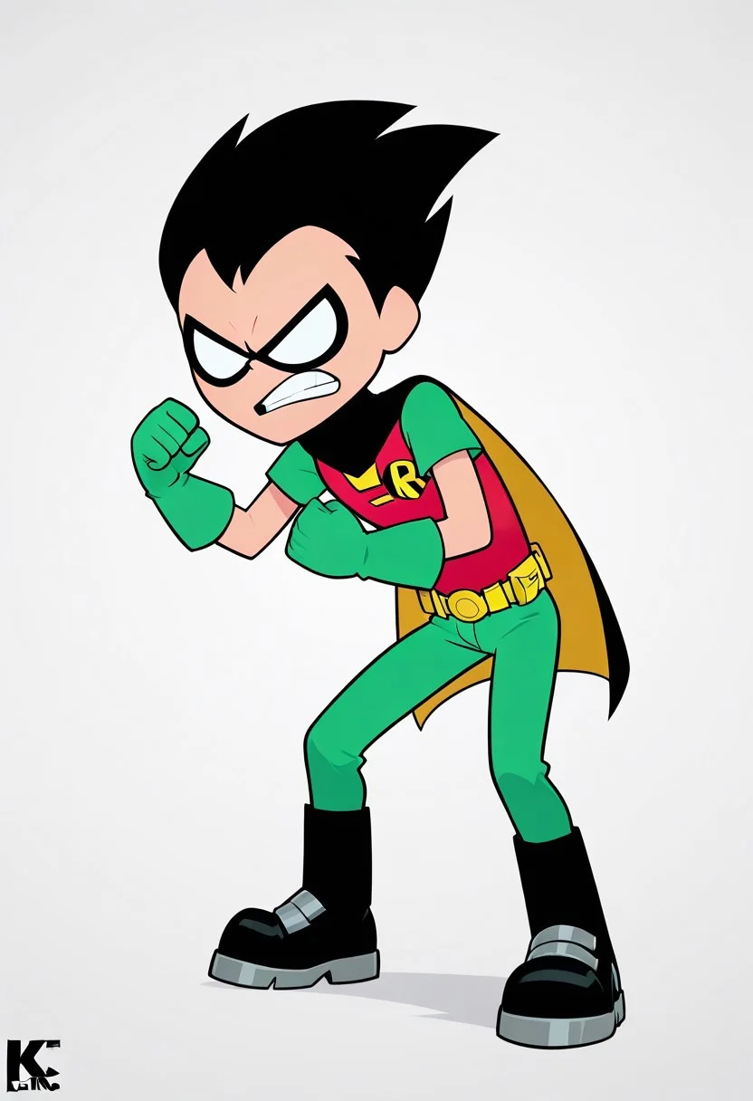 score_9, score_8_up, score_7_up, masterpiece, best quality, amazing quality, Robin_TTG, 1boy, solo, black hair, spiky hair, eye mask, kevlar-lined red shirt, green sleeves, short sleeves, "R" logo on shirt, yellow lines in center of shirt, green pants, skin tight pants, metal tipped boots, yellow belt, utility belt, green gloves, black and yellow cape, fighting pose, clenched teeth, angry, no pupils