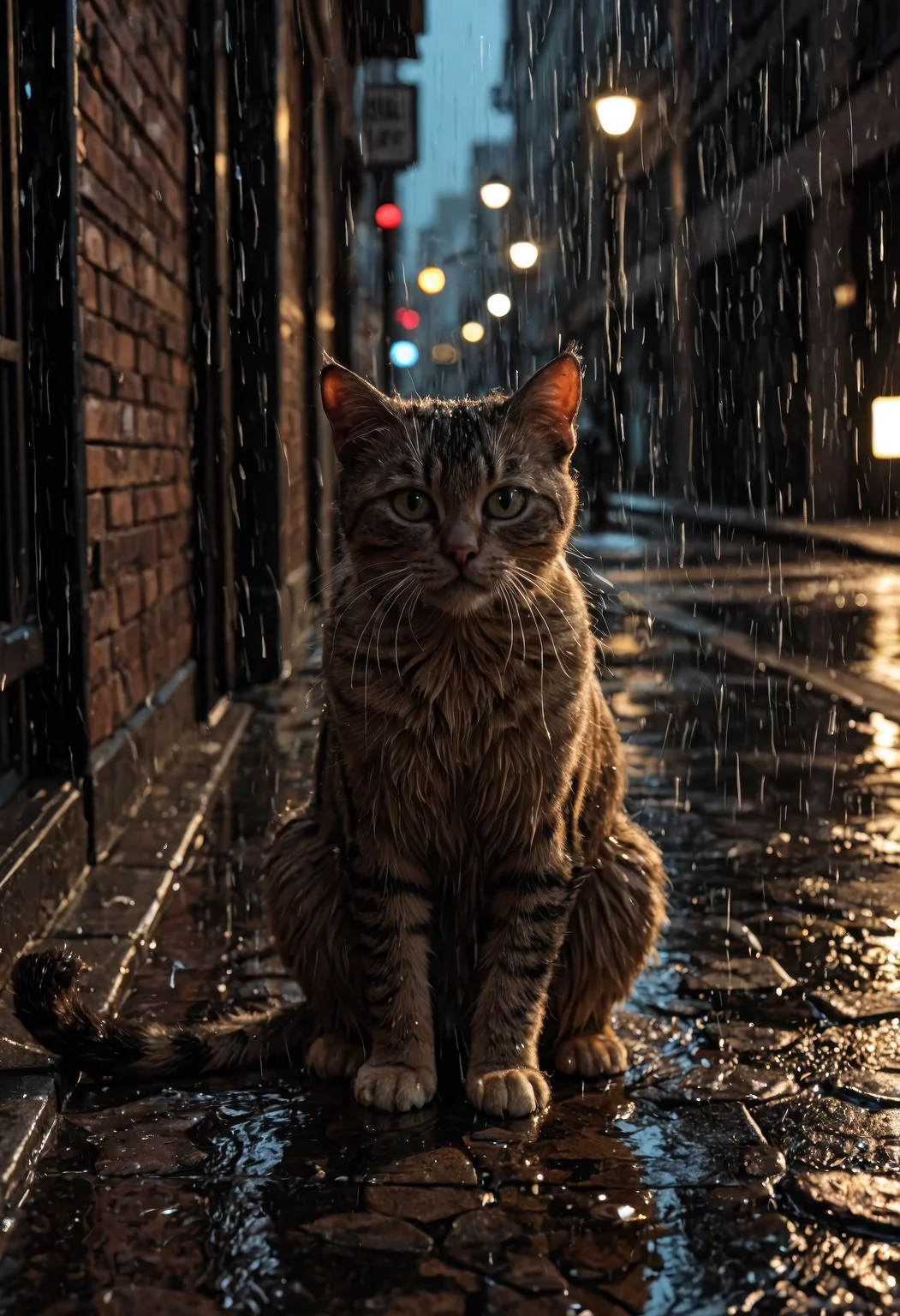 ultra photo-realistic, highly detailed image of a stray cat with a very sad face, drenched in heavy rain, sitting alone at a dimly lit street corner, fur soaked and clinging to its body, water droplets visible in midair, reflections on wet pavement, moody cinematic atmosphere, expressive eyes filled with emotion, harsh weather lighting casting deep shadows, street lights glowing faintly in the background