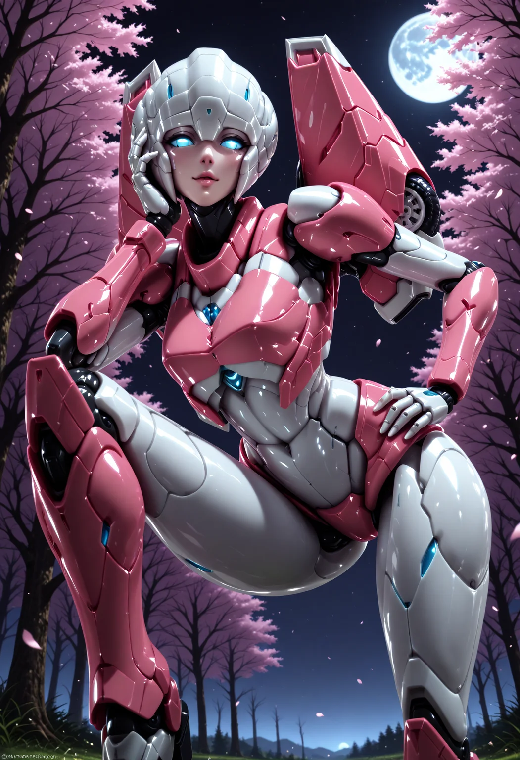 masterpiece, best quality, good quality, very aesthetic, hyper detailed, digital painting, trending on ArtStation, absurdres, newest, 8K, anime screencap, anime coloring, detailed background, offical art, very aesthetics of fine arts, <lora:spo_sdxl_10ep_4k-data_lora_webui:1>, lazypos, <lora:Latex_MBA_style:1>, perfect anatomy, <lora:prompt_extend:1>, <lora:wai-Rectified-s:1>,
<lora:furaiarceeTF-IL:1>, furaiarcee\(transformers\), 1girl, mecha, robot, autobots, blue eyes, glowing eyes, no pupils, breasts, solo, no humans, science fiction, <lora:handPatchUnet:1>, detailed_hands, elegant_fingers, (petite), cute face, makeup, looking at viewer, dynamic angle, from below, cowboy shot, smile, blush, cherry blossoms, falling petals, forest, night, moon, outdoors, parted lips, bent over, arm on face, hand on own hip, legs apart, thighs, knee up, foot, from front, ultra_beautiful, o3o