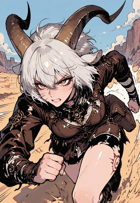 score_9, score_8_up, score_7_up, masterpiece, best quality, very aesthetic, 1girl, detailed face, (dynamic:1.1), dynamic pose, partial illumination, goat girl, horns, white hair, puffy, golden eyes, leather tunic, ripped outfit, tribal, leather satchel, scrolls, arcane, outdoors, adventurer, running away, stressed