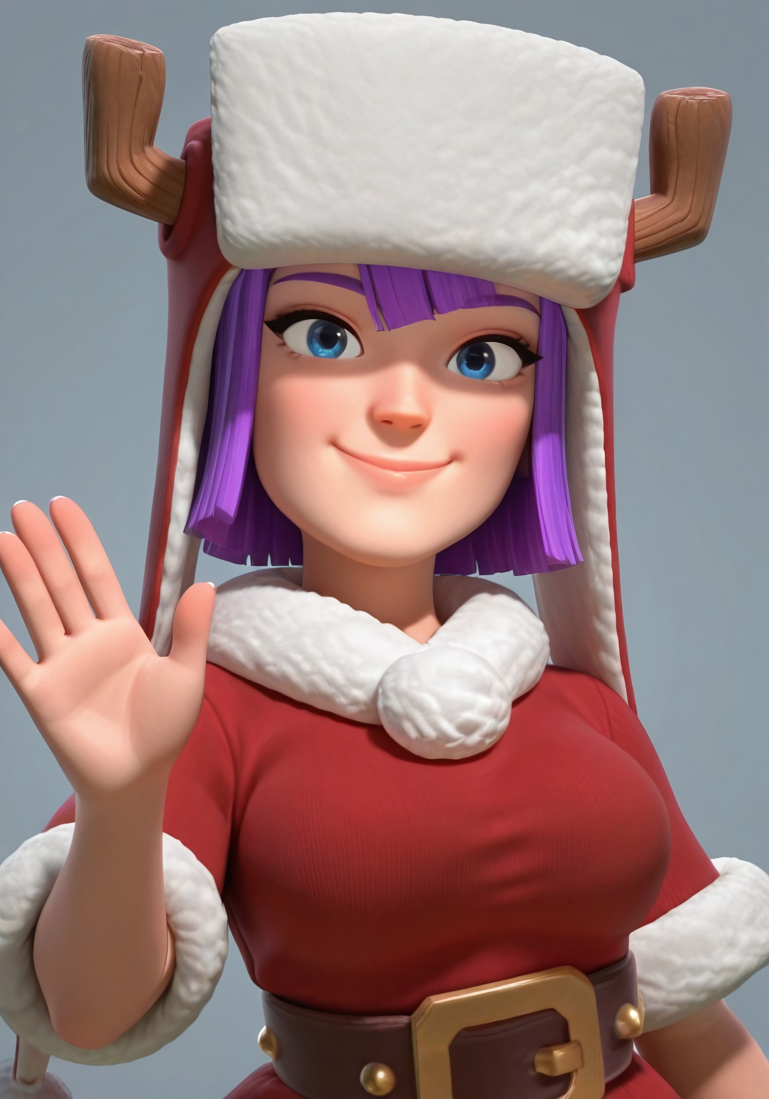 general,highres, ultra-detailed,very aesthetic,best quality ,best hands,
1girl, Jollyqueen, purple hair, blue eyes, red dress, smile, fake antlers, waving