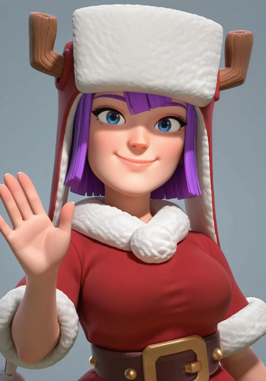 general,highres, ultra-detailed,very aesthetic,best quality ,best hands,
1girl, Jollyqueen, purple hair, blue eyes, red dress, smile, fake antlers, waving