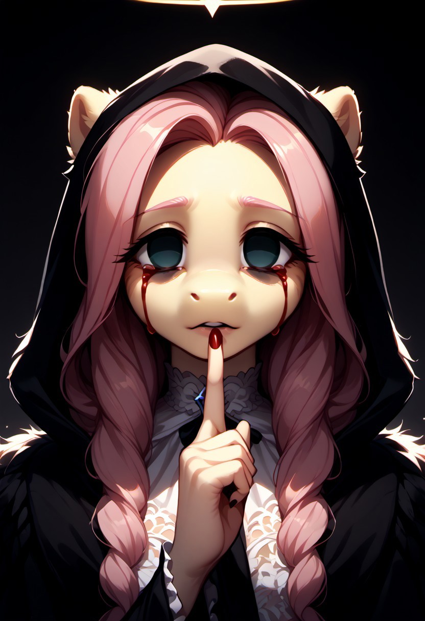 core_9, score_8_up, score_7_up, score_6_up, zPDXL3, (fluffy:1.2), (good_hands:1.4), (Fluttershy:1.3), (anthro:1.3), (pony:1.3), (wings:1.2), (black halo:1.2), GlowingHalo, (empty eyes:1.8), (bloody tears:1.4), close-up of face, (disheveled hair:1.2), Shuffling, (finger to mouth:1.2), (index finger raised:1.2), (character in dark monk's robes with intricate lace details, gothic design, flowing fabrics, heavy textures:1.9), (hood partially covering head, elaborate folds, deep shadows, intricate textures:2.0), (small nose:1.2), dark atmosphere, gothic, mysterious, cinematic lighting, (low-key lighting:1.3), (intricate details:1.3), (ultra-detailed face with balanced shadows and highlights:1.5), (smooth skin texture:1.2), (volumetric lighting:1.2), (subsurface scattering:1.2), (Unreal Engine 5:1.2), (sharp focus:1.3), (dynamic lighting:1.3), (micro-shadows:1.3), (dark tonal harmony:1.4), (subtle lighting gradients:1.3)