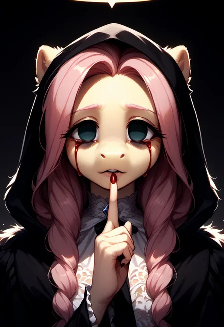 core_9, score_8_up, score_7_up, score_6_up, zPDXL3, (fluffy:1.2), (good_hands:1.4), (Fluttershy:1.3), (anthro:1.3), (pony:1.3), (wings:1.2), (black halo:1.2), GlowingHalo, (empty eyes:1.8), (bloody tears:1.4), close-up of face, (disheveled hair:1.2), Shuffling, (finger to mouth:1.2), (index finger raised:1.2), (character in dark monk's robes with intricate lace details, gothic design, flowing fabrics, heavy textures:1.9), (hood partially covering head, elaborate folds, deep shadows, intricate textures:2.0), (small nose:1.2), dark atmosphere, gothic, mysterious, cinematic lighting, (low-key lighting:1.3), (intricate details:1.3), (ultra-detailed face with balanced shadows and highlights:1.5), (smooth skin texture:1.2), (volumetric lighting:1.2), (subsurface scattering:1.2), (Unreal Engine 5:1.2), (sharp focus:1.3), (dynamic lighting:1.3), (micro-shadows:1.3), (dark tonal harmony:1.4), (subtle lighting gradients:1.3)
