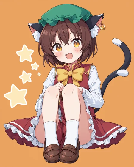chen,1girl, cat_tail, two_tails, solo, open_mouth, brown_footwear, red_skirt, sitting, mob_cap, fangs, nekomata, english_text, bowtie, red_vest, looking_at_viewer, simple_background, :d, long_sleeves, blush, shoes, yellow_bow, white_socks, single_earring, orange_background, animal_ear_fluff, white_shirt, retro_artstyle, playing_instrument
<lora:chen_image5769_2023-12-11:1>,star-shaped_pupils,symbol-shaped_pupils,. gorgeous,key visual, vibrant, studio anime,award-winning, professional, highly detailed,high budget, cinemascope