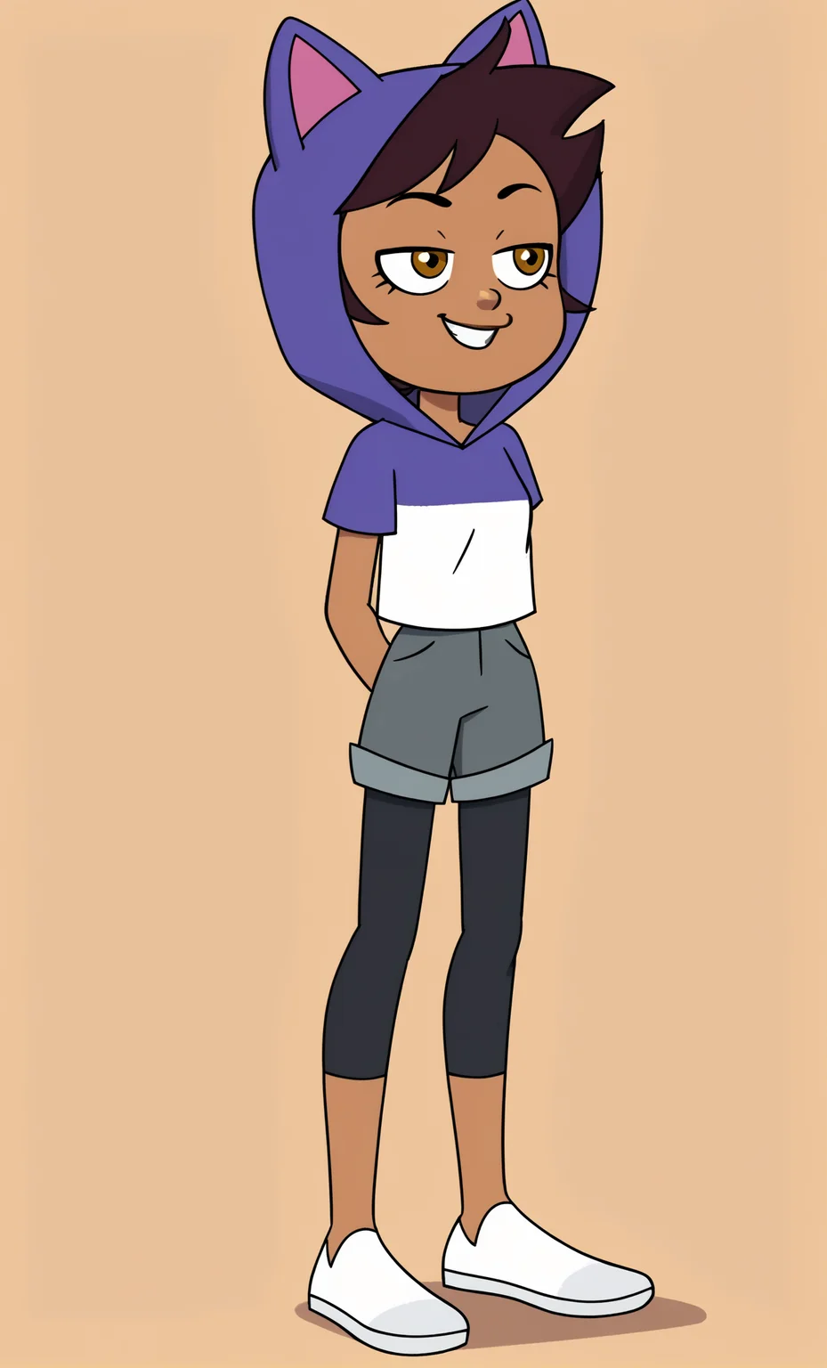 masterpiece, high quality, score_9, score_8_up, luz_noceda_oh, 1girl, dark skin, dark-skinned female, hood, solo, cat hood, black leggings, Grey shorts, animal hood, hood up, (cat smile), brown eyes, brown hair, white footwear, shoes, hands behind back, bedroom eyes, simple background, white shoes, (shiny skin), vector, flash, ,, <lora:Pony_QualityV4.0:1>,<lora:Vector_Flash_animation_style:0.8>,<lora:Luz_Noceda:0.85>