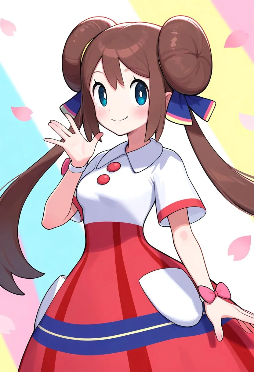 2d, masterpiece, best quality, amazing quality, 1girl, solo, close-up, smile, looking at viewer, simple background, multicolored background, pink shades, sakura petals, cowboy shot, rosalnb, [rosa_\(pokemon\)], brown_hair, blue_eyes, hair_ribbon, double_bun, twintails, dress, collared_shirt, white_shirt, red_skirt, multicolored_clothes, short_sleeves, red_buttons, white_pockets, pink_bracelet, ribbon_bracelet