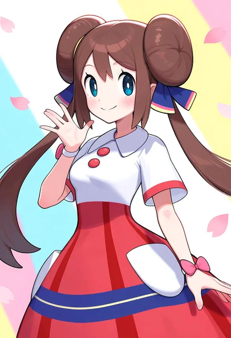 2d, masterpiece, best quality, amazing quality, 1girl, solo, close-up, smile, looking at viewer, simple background, multicolored background, pink shades, sakura petals, cowboy shot, rosalnb, [rosa_\(pokemon\)], brown_hair, blue_eyes, hair_ribbon, double_bun, twintails, dress, collared_shirt, white_shirt, red_skirt, multicolored_clothes, short_sleeves, red_buttons, white_pockets, pink_bracelet, ribbon_bracelet