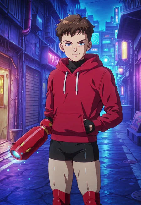 dbstyle, masterpiece, best quality, hyper-Detailed, 1man, solo, male focus, alone, detailed, Harlequin_(king) ((adult, toned body, fair skin, brown short hair, detailed blue eyes, red prosthetic legs)), ((wearing red hoodie above a black turtleneck, black tight shorts, black fingerless gloves)), cyberpunk alley, dark alley, night, staring the viewer, smiling, red cannon, arm cannon, aiming at viewer, blue glow