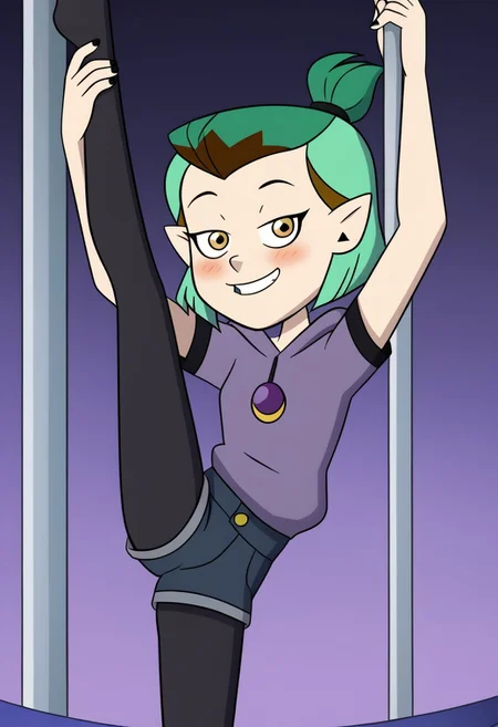 deadinsidestyle, disney the owl house Amity Blight, sexy attire, 1 girl, green hair, medium hair, half updo happy face, blush, small breast,  hoodie, short sleeves, hood down, purple shirt, white shirt, denim shorts, leggings under shorts, black leggings, sly smile, eyes half open, cowboy shot, looking at viewer, stripper, stripper pole, pole dancing, standing on one leg,standing split,leg hold,leg lift,
