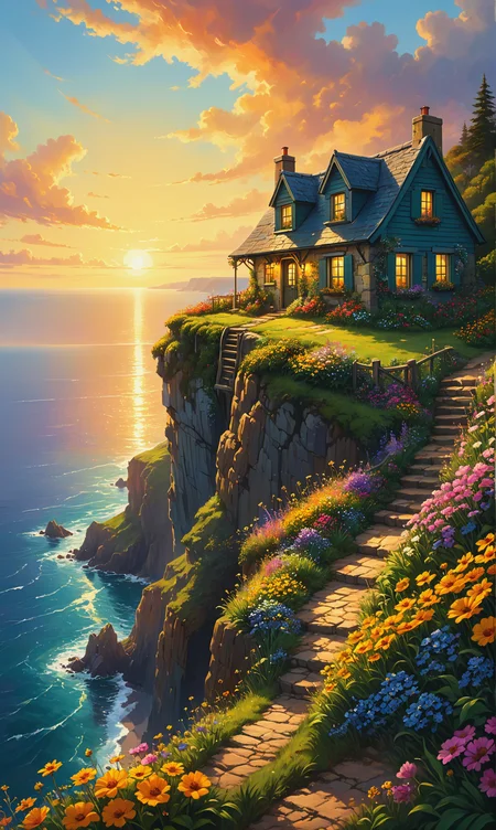 A breathtaking digital painting depicting a small countryside cottage perched on the edge of a towering cliff overlooking a vast ocean. The scene is bathed in warm golden light as the sun sets, creating a sense of peaceful solitude and wonder. The cottage is surrounded by lush greenery and colorful wildflowers, adding to the picturesque beauty. The level of detail is extraordinary, with intricate brushwork and texture that brings the entire scene to life. This masterpiece is created by a collaboration between renowned artists me and you, combining their unique styles to create a truly mesmerizing piece of art. The resolution is a magnificent 8k, allowing every minute detail to be appreciated.<lora:xl_more_art-full_v1:0.3>