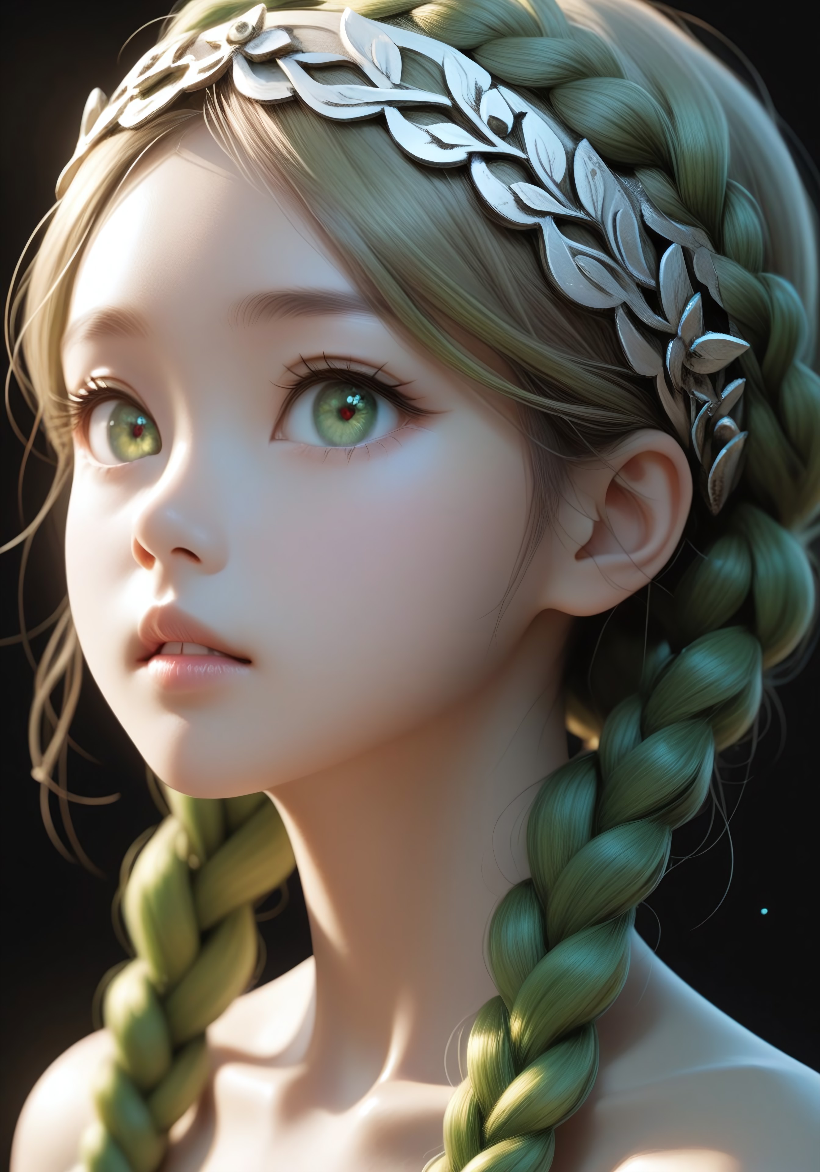 exquisite lighting and composition, sharp, very detailed, high resolution, illustration nice lighting, flat illustration, simple, monotype, transparent, shimmering, sparkling, splendid, colorful, The image shows a close-up of a character with green braids and a light green headband. The character has a pale face with pinkish-red eyes and a slightly open mouth. The background is a gradient of light blue and white, giving a soft, dreamy effect. There is some text in the bottom right corner that appears to be in Korean, written in a cursive style. The overall style of the image is anime-like, with detailed and vibrant artwork. "modern portrait style, masterpiece, shadow cast, chiaroscuro, subsurface scattering, oil painting, ultra-high resolution, clear focus, crystal clear, bright, high definition, clear contours, ultra-sharp textures, subsurface scattering. The painting is made in ultra-high resolution, with clear textures and outlined edges. The image is crystal clear and bright, highlighting the clear brush strokes throughout the scene. Subsurface scattering is used to enhance realism, add depth to textures, and the entire composition is carefully thought out to achieve ultra-sharp textures and visual clarity." Highest resolution. High quality. 4K, Holo,krooked

