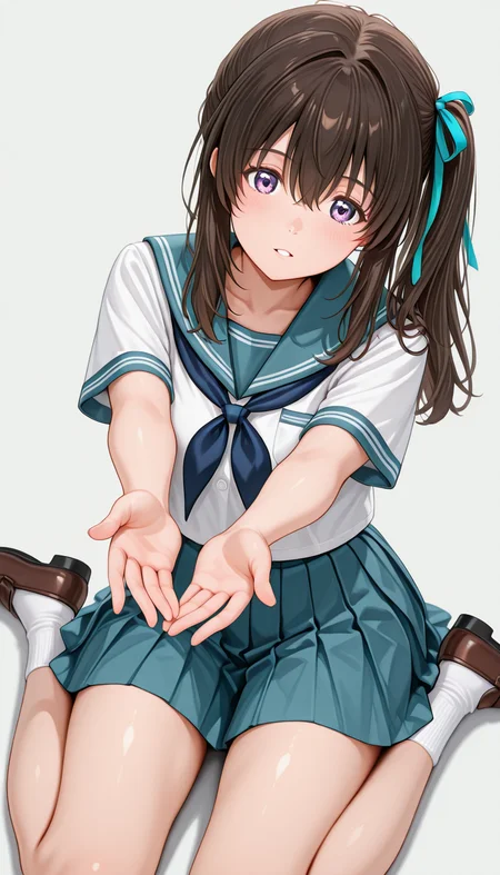 IllusP0s, good quality, high quality, highest quality, extremely high quality, incredibly absurdres, superabsurd res, 4k, 8k, incredibly high quality, absurdly high quality, unbelievably high quality, ultra high quality
newest, (detailed eyes:1.4), ((ultra detailed hair:1.4)),
BREAK
1girl, ((solo)),katase_h1na_make_happy,Blue ribbon, <lora:Katase_Hina-Make_Hina_happy:1>,
(serafuku), white blouse, ((light blue pleated skirt:1.3)), dark blue neckerchief, white ankle socks, brown loafers, Light blue short sleeves, dark blue line
laughing
BREAK
blank background, cowboy shot, Squint your eyes, Invite me, come over, embrace me, outstretched hands, hands extended towards the viewer, palms, split seat, wariza, parted lips