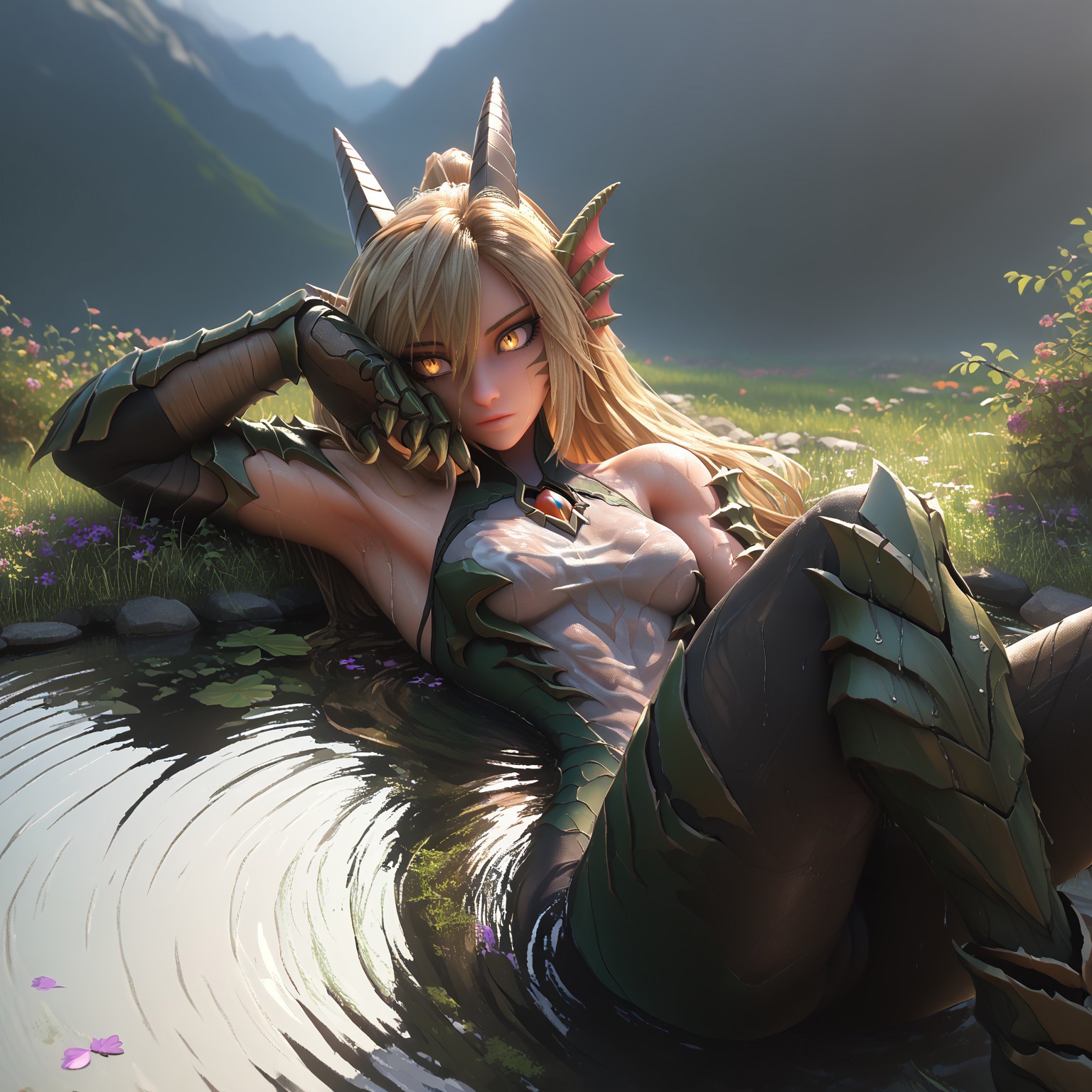 safe_pos, ((Score_9, score_8_up, score_7_up), masterpiece, perfect face, expressive eyes,(dragon girl),(full animal arms),(muscular arms:1.2),(monster arms:1.3),(big claws),(slit pupils),relaxed expression,relief,(looking away),lying in a pond, blonde hair, yellow eyes,(long tail),(slender figure),(tight clothes:1.1),forest and mountains scenery,pond,(close-up),relaxing,(soaking wet,wet clothes,wet skin,dripping water),bathing in a pond,hot water,steam,(shining eyes)