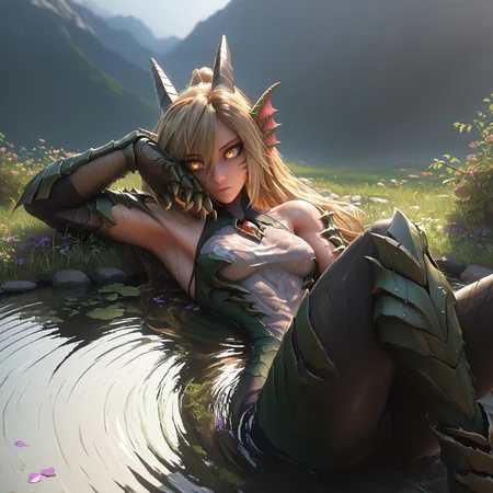 safe_pos, ((Score_9, score_8_up, score_7_up), masterpiece, perfect face, expressive eyes,(dragon girl),(full animal arms),(muscular arms:1.2),(monster arms:1.3),(big claws),(slit pupils),relaxed expression,relief,(looking away),lying in a pond, blonde hair, yellow eyes,(long tail),(slender figure),(tight clothes:1.1),forest and mountains scenery,pond,(close-up),relaxing,(soaking wet,wet clothes,wet skin,dripping water),bathing in a pond,hot water,steam,(shining eyes)