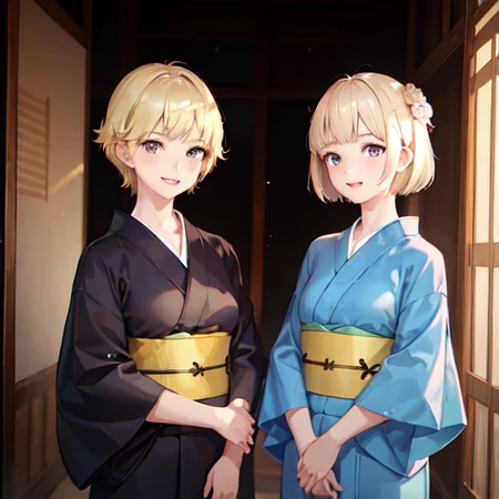 two young girls wearing yukata, one blonde short hair with green eyes, one brown short hair with black eyes, going to the temple to pray, smile, (realistic, photorealistic), extremely detail face , CG, teeth, happiness