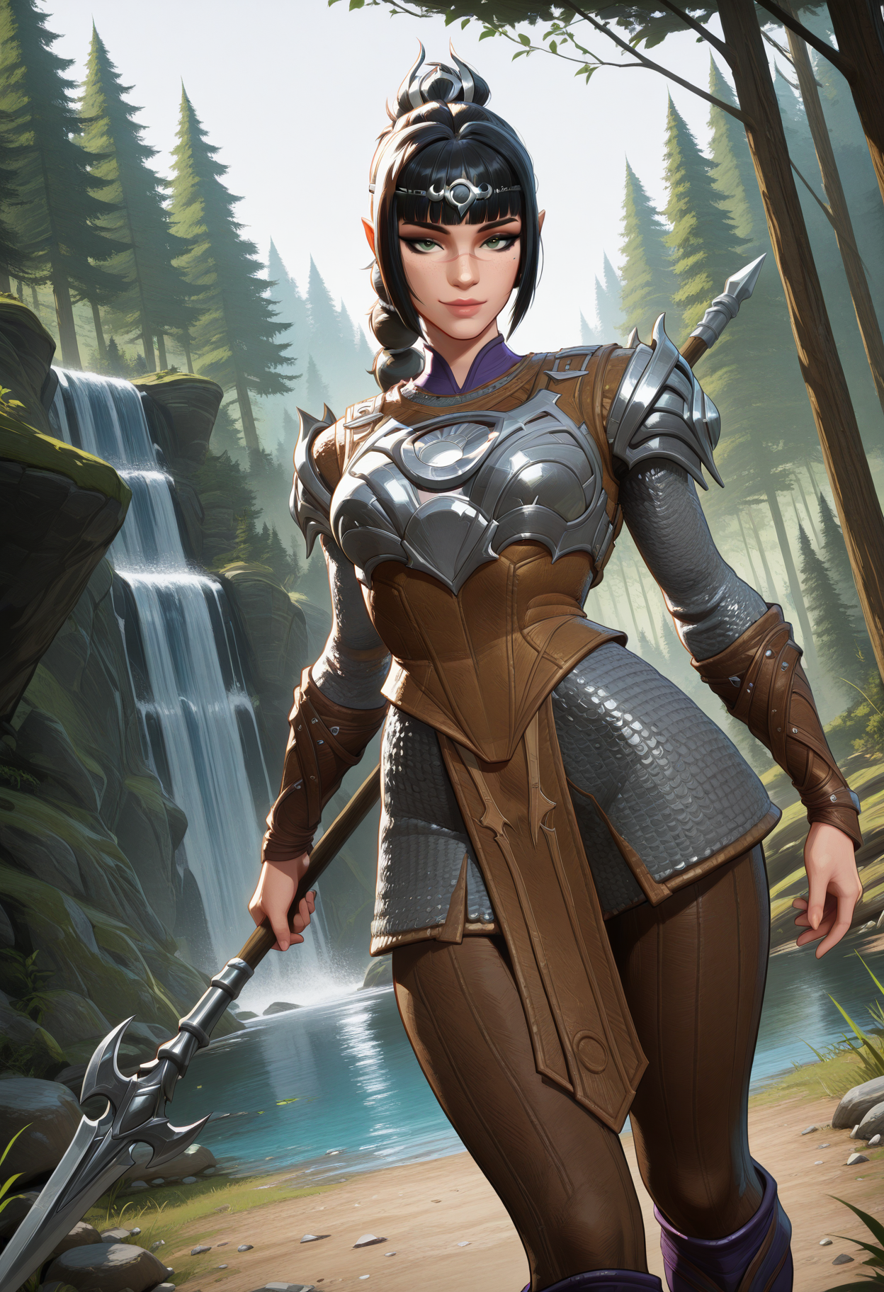 masterpiece, best quality, amazing quality, highres, very aesthetic, very awa, cute, MarvelRivals, semi realistic, cartoon, skindentation, western,, 1girl, solo, shadowheart, green eyes, black eyeliner, freckles, pointy ears, long hair, hair ornament, high ponytail, multi-tied hair, medium breasts, scar on nose, black hair, blunt bangs, sidelocks, silver circlet, lips, closed mouth, 
BREAK, 
shaarm, silver breastplate, brown gambeson, chainmail armor, silver pauldrons, brown vambraces, metal skirt, loincloth, brown leggings, purple undershirt, knee boots, purple boots, brown shoes, 
BREAK, 
seductive smile, looking at viewer, holding spear, running towards viewer,, cowboy shot, dutch angle, fantasy, outdoors, camp, forest, waterfall, lake,, raytracing, hyper detailed, volumetric lighting, <lora:Shadowheart-NoobAi-1.1_V1-Manityro-CAME:0.8000000000000002> <lora:AMarvelRivals_style-06:1.0000000000000002> <lora:StS-Illustrious-Detail-Slider-v1.0:0.3>
