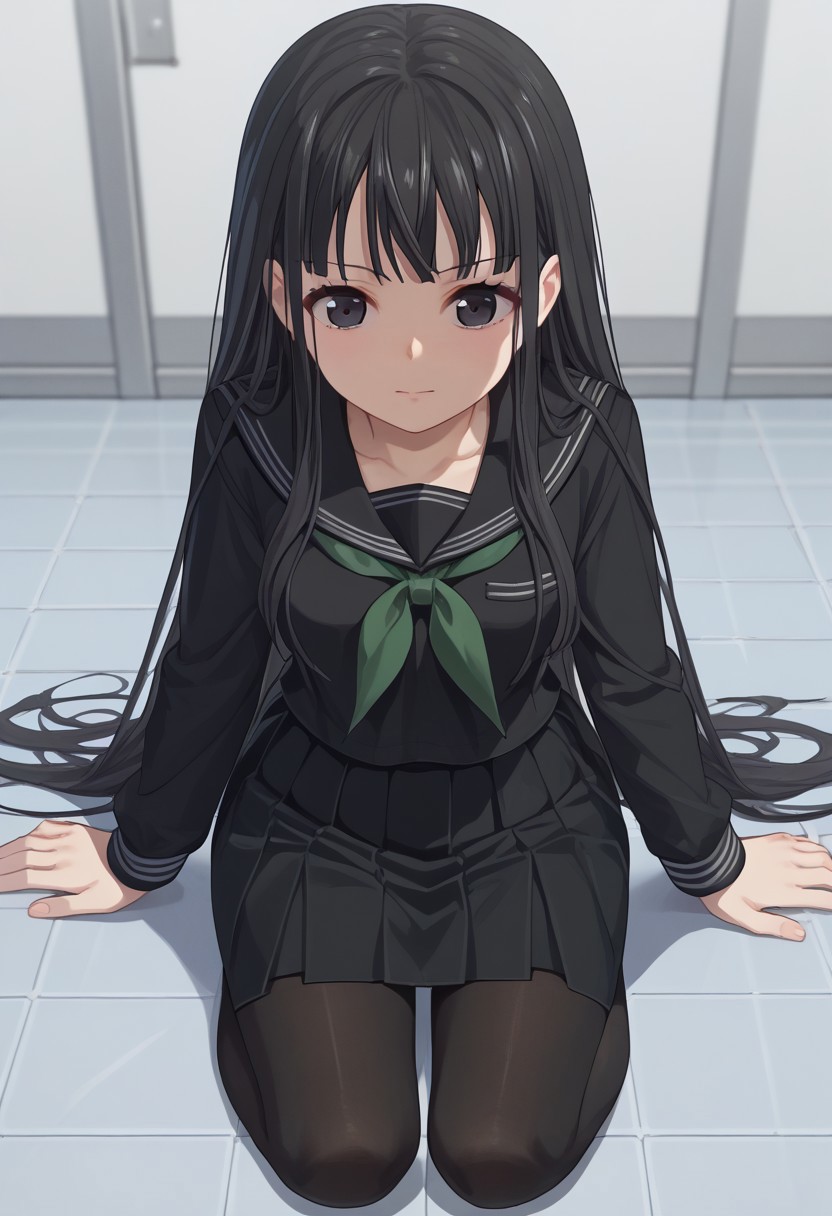 score_9, score_8_up, score_7_up, source_anime, 1girl, solo, byakuya rinne, black eyes, black serafuku, green neckerchief, black skirt, black pantyhose, tile floor