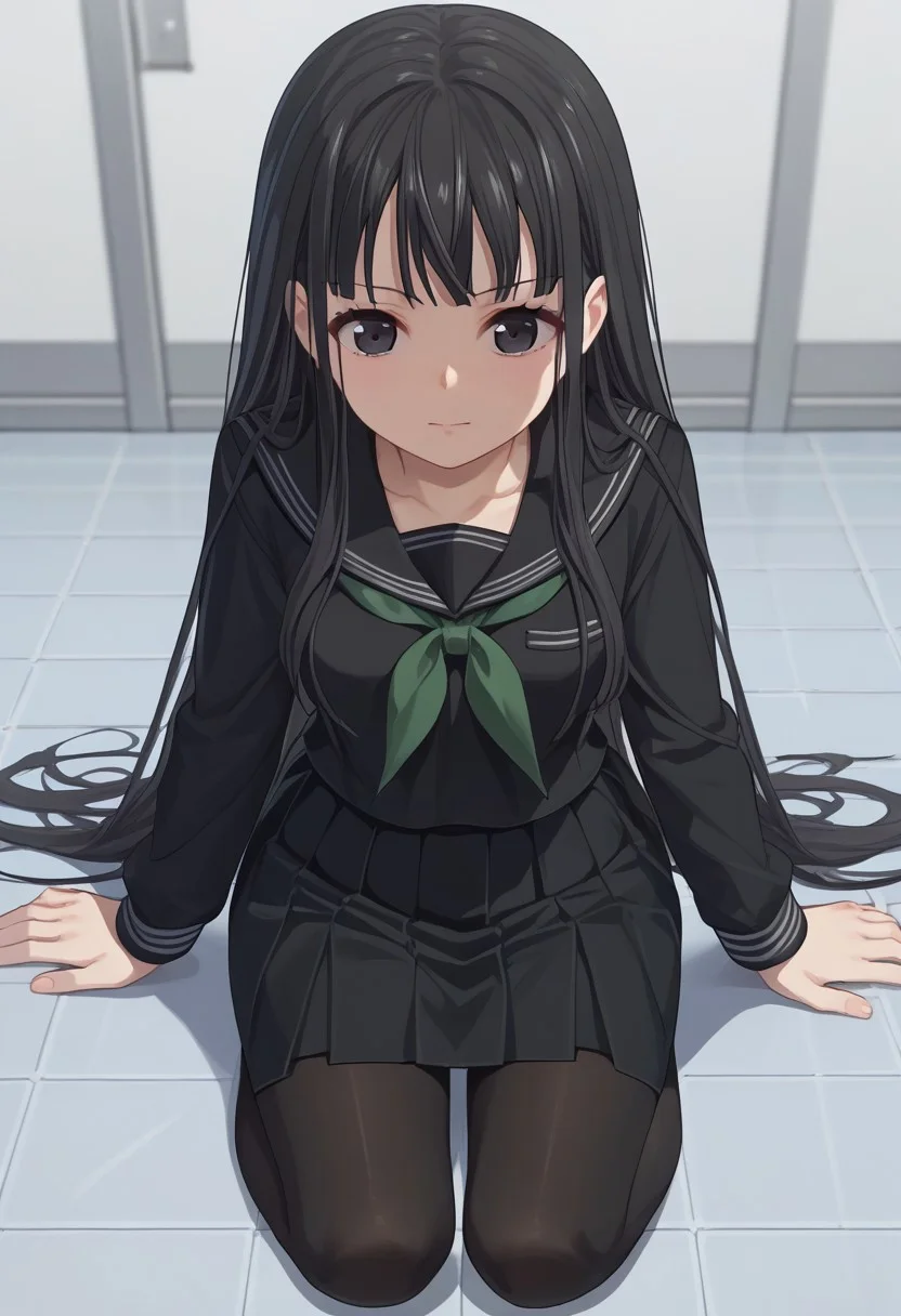 score_9, score_8_up, score_7_up, source_anime, 1girl, solo, byakuya rinne, black eyes, black serafuku, green neckerchief, black skirt, black pantyhose, tile floor