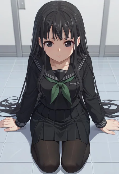 score_9, score_8_up, score_7_up, source_anime, 1girl, solo, byakuya rinne, black eyes, black serafuku, green neckerchief, black skirt, black pantyhose, tile floor