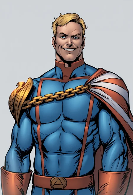 score_9, score_8_up, score_7_up, score_6_up, score_5_up, score_4_up, 1boy, <lora:HomelanderComics:0.9> male focus, solo, blonde hair, blue eyes, muscular, muscular male, superhero, cape, chain, bodysuit, gloves, upper body, standing, smile,
(light blue background), simple background,