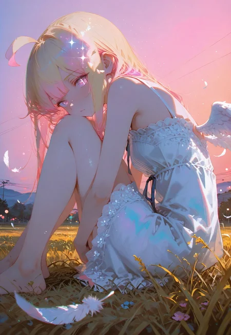 Sitting on the floor with legs extended diagonally, arms folded and resting on knees. Back straight, head turned slightly to the side, gaze upward, expression thoughtful, body relaxed and composed.
1 girl, short and petite,(waist length hair:1.2), straight hair,blonde hair, (vibrant pink accents hair:1.1),fair skin,pink eyes, (sparkling eyes:1.1),ahoge,small wings ,floating feathers,
Sundress
Yellow grassfield waist deep,sunset,orange sky,light from behind,pink sky,low angle,looking at viewer
Dark blue background, glimmer, sparkling effects, (anaglyph refraction:1.5),subtle (blue hue:0.8), and a strong (pink glow:1.4),(Bokeh around character:1.2),(character focus:1.2),
Cunnystyle,748cmstyle,Smooth_Quality,masterpiece,best quality,amazing quality, aesthetic,(vibrant colors:1.5),(bold lines:1.3),(saturated:1.4),((4k,8k,Ultra HD)),((Masterpiece :1.2)),((Best quality :1.2)),((Detailed :1.5)),((Detailed background :1.5)),