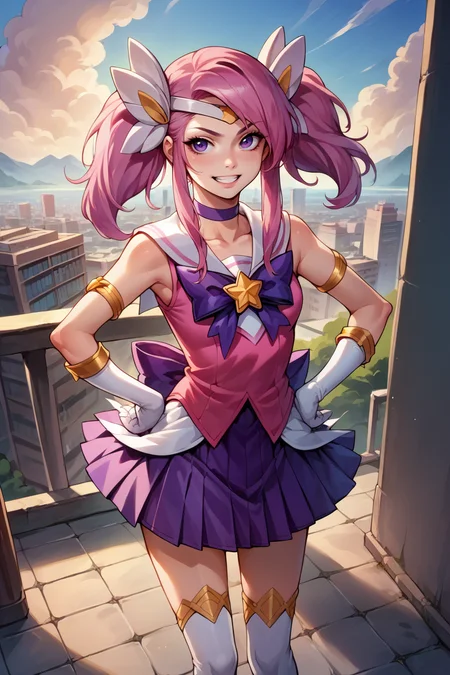score_9, score_8_up, score_7_up, score_6_up, source_anime, 1girl, solo, <lora:lux-pdxl-nvwls-v1-000005:1> sglux, pink hair, purple eyes, twintails, hair ornament, tiara, choker, magical girl, sailor collar, pink tunic, bow, purple miniskirt, white thighhighs, white gloves, elbow gloves, grin, arms on hips, rooftop, cityscape, standing