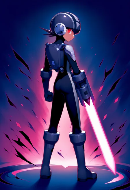 <lora:dark_megaman_V1-2:1>,dark megaman.exe,dark megaman.exe\(official\),1boy,male focus,weapon,helmet,energy sword,solo,sword,bodysuit,full body,standing,closed mouth,looking back,glowing,from behind,arm blade,boots,looking at viewer,glowing eyes,serious,clenched hand,dark aura,official art,masterpiece,high score,great score,absurdres,