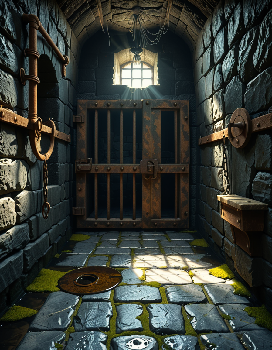 A highly detailed, hyper-realistic photograph of a dark medieval dungeon prison cell. The scene is dimly lit by a single flickering torch mounted on a damp stone wall, casting eerie shadows across the rough, moss-covered stones. Heavy, rusted iron bars form the cell door, slightly ajar, with visible corrosion and ancient padlocks. Inside the cell, there is a straw-covered floor, old wooden buckets, and a crude, splintered wooden bench against the back wall. Chains and manacles hang loosely from the walls, showing signs of long-term use. The atmosphere is cold, humid, and oppressive, with faint light rays piercing through tiny cracks in the stone ceiling. Cobwebs stretch across the corners of the cell, and faint water drips from above, creating small puddles. The overall mood is grim, desolate, and foreboding. Photorealistic style, with high dynamic range (HDR) lighting and extreme attention to textures like rust, moisture, and decay.
<lora:SDXLFaeTastic2400:0.4> <lora:extremely_detailed:0.4> extremely detailed,<lora:medieval_dungeon_pr1s0n_c3ll:1>,medieval dungeon pr1s0n c3ll, Masterpiece,best quality,hi res,8k,hi res,8k,award winning,(sharp focus, intricate, highly detailed),