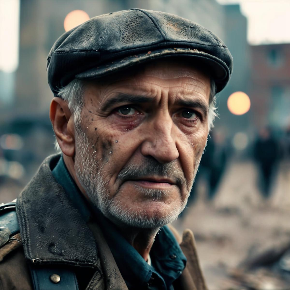 sad old man in a post apocalyptic destroyed city after nuclear blast, newdawn, closeup, high quality photography, 3 point lighting, flash with softbox, 4k, Canon EOS R3, hdr, smooth, sharp focus, high resolution, award winning photo, 80mm, f2.8, bokeh , detailed, realistic, 8k uhd, high quality