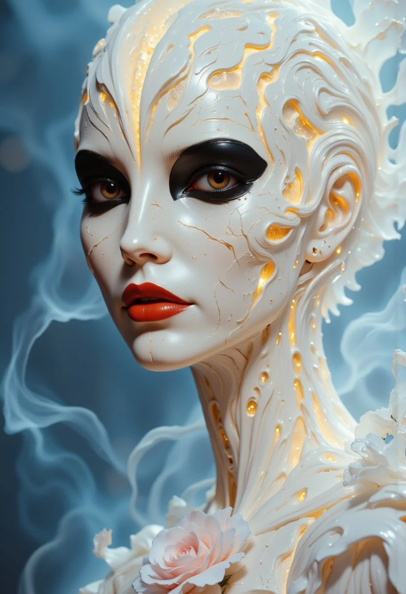 Close-up portrait of a statue of a woman. Her head and body are made of ivory and smooth with numerous, glowing, fine, hairline cracks covering the head and down her neck creating an organic mosaic pattern. She is biomechanical. Her eyes are an intense hazel color with black eyeshadow, and her lips are a rich, deep red color. A spot light focuses on her eyes, creating strong highlights and shadows. The light background is softly blurred showing a sea of white rose petals, but is blurred and out of focus so all visual attention is on the woman's eyes, nose and mouth. Her hair is stark white and falls around the lower half of the image. She is blending in with the background. She is looking at the viewer intensely. Blue and white smoke surround her body. She is like a bust. The overall impression is one of dramatic beauty, with an almost otherworldly quality. (((ultra-realistic style))), realistic soft lighting, eye-catching, atmospheric lighting, smokey environment, natural, shallow depth of field, (highlights: 0.8), high detail (dynamic, sincere, cinematic shot, film grain, bokeh, depth of field)