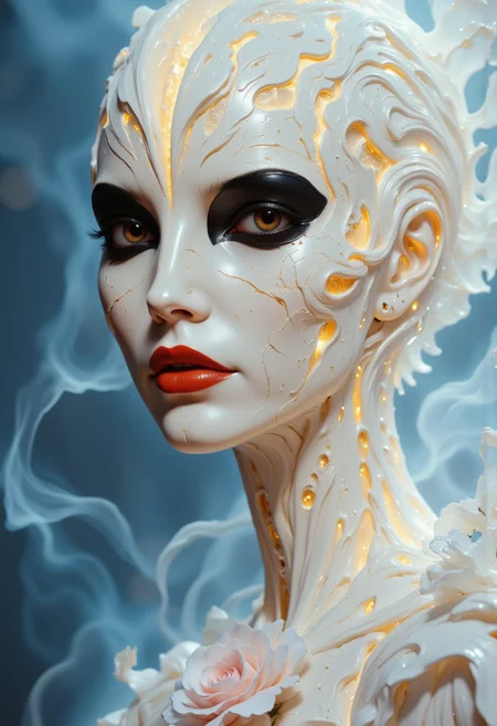 Close-up portrait of a statue of a woman. Her head and body are made of ivory and smooth with numerous, glowing, fine, hairline cracks covering the head and down her neck creating an organic mosaic pattern. She is biomechanical. Her eyes are an intense hazel color with black eyeshadow, and her lips are a rich, deep red color. A spot light focuses on her eyes, creating strong highlights and shadows. The light background is softly blurred showing a sea of white rose petals, but is blurred and out of focus so all visual attention is on the woman's eyes, nose and mouth. Her hair is stark white and falls around the lower half of the image. She is blending in with the background. She is looking at the viewer intensely. Blue and white smoke surround her body. She is like a bust. The overall impression is one of dramatic beauty, with an almost otherworldly quality. (((ultra-realistic style))), realistic soft lighting, eye-catching, atmospheric lighting, smokey environment, natural, shallow depth of field, (highlights: 0.8), high detail (dynamic, sincere, cinematic shot, film grain, bokeh, depth of field)