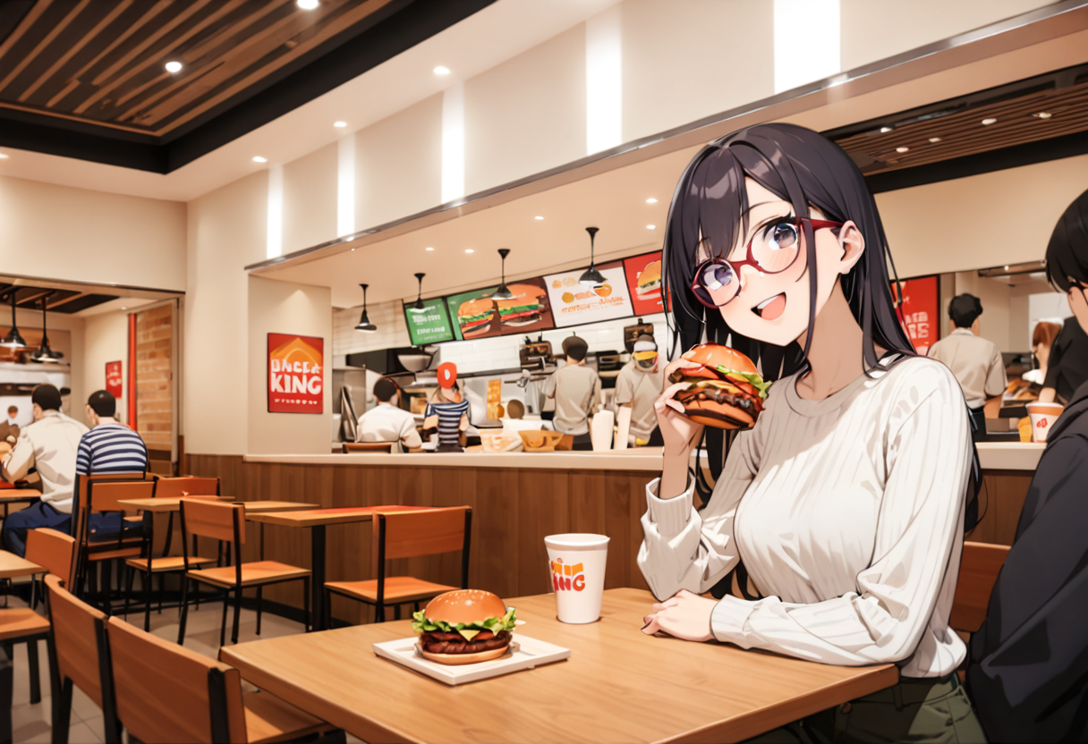 masterpiece, best quality, very aesthetic, absurdres, 
1girl, solo, glasses, black hair, long hair, white ribbed sweater, happy, smile, looking at viewer, open mouth, solo focus, sitting, across table, 
burgerking, scenery, indoors, burger, restaurant, striped shirt, food, multiple boys, chair, shirt, table, cup, sitting, striped, english text, pants, ceiling light
 <lora:burgerking_SDXL_V1:0.8>