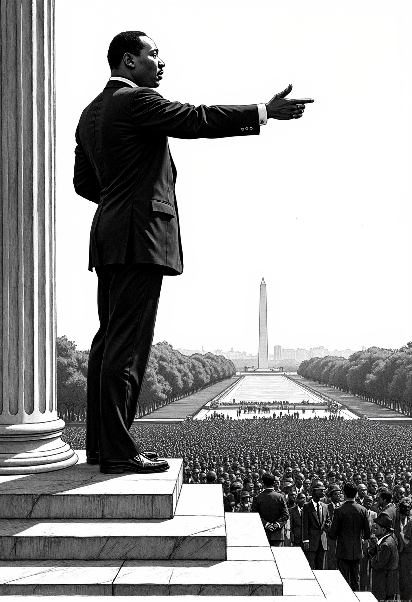 A pen and ink etching of Martin Luther King Jr. standing atop the steps of the Lincoln Memorial, addressing an imaginary crowd.