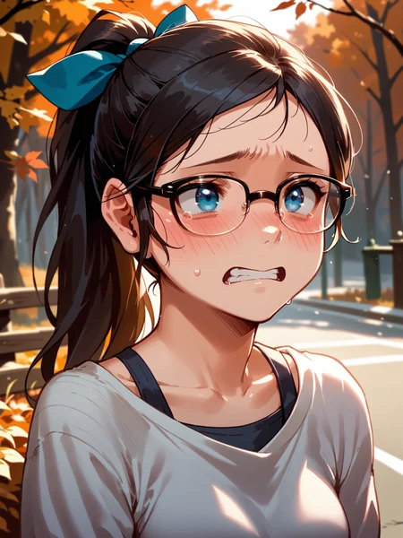 (, solo focus:1.1) <lora:happy_tentacle-halloweengirl-v0.1-000045:1>, ht_halloweengirl, (flat chest:0.8), black hair, blue eyes, ponytail, hair bow, glasses (petite:1.2), ( :1.1) (perky breasts:1.2) ( , , (embarrassed :1.2) , torogao , (looking at another:1.2) :1.1) , outdoors, vegetation, ( :1.1), autumn , (day :0.6), , (:0.5), , ( :0.9), (post-apocalypse :1.2) ( :0.8) score_9, score_8_up, score_7_up, score_6_up, score_5_up, score_4_up, ( [(realistic, photorealistic:1.3):(realistic:1.2):16] [(3d:1.2)::14] :1) <lora:LUUNA's Lunas-NijiJourney-SDXL-B2:0.35>, nijijourney <lora:prgfrg23's Counterfeit-V3.0 Style SDXL_LoRA_Pony Diffusion V6 XL:0.5> <lora:mfcg's mfcgXL:0.12> <lora:reweik's gyokai(himehajime)_PonyXL_style_v01:0.14>