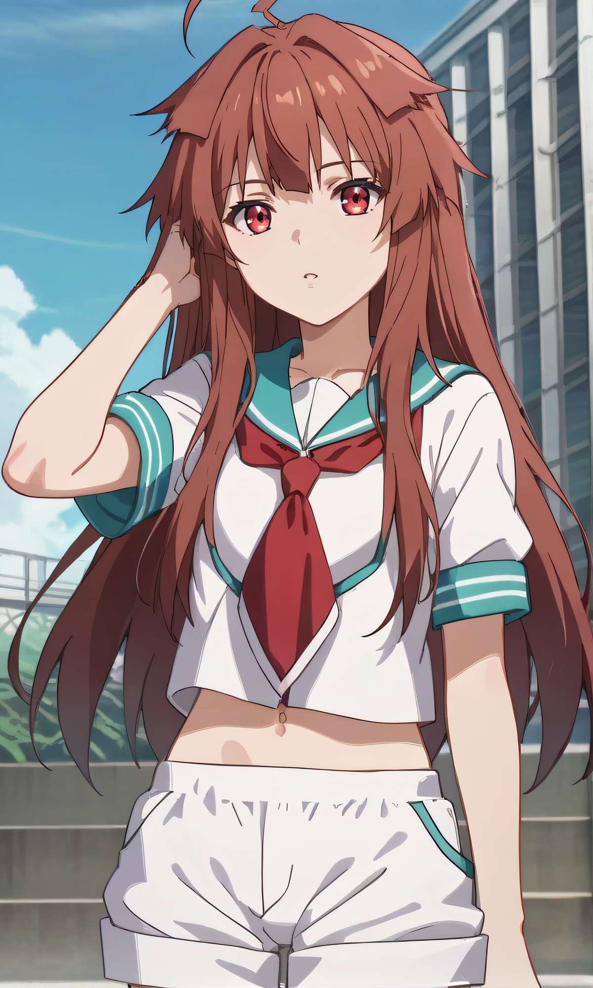 score_9, score_8_up, score_7_up, source_anime, rating_safe, intricate details, anime screencap, official style, anime coloring, 1girl, solo, <lora:Kuma:1>, kuma, long brown hair, red eyes, serafuku, navel, short sleeves, white shorts, looking at viewer, outdoor, expressionless, standing, hand on hair, parted lips, cowboy shot