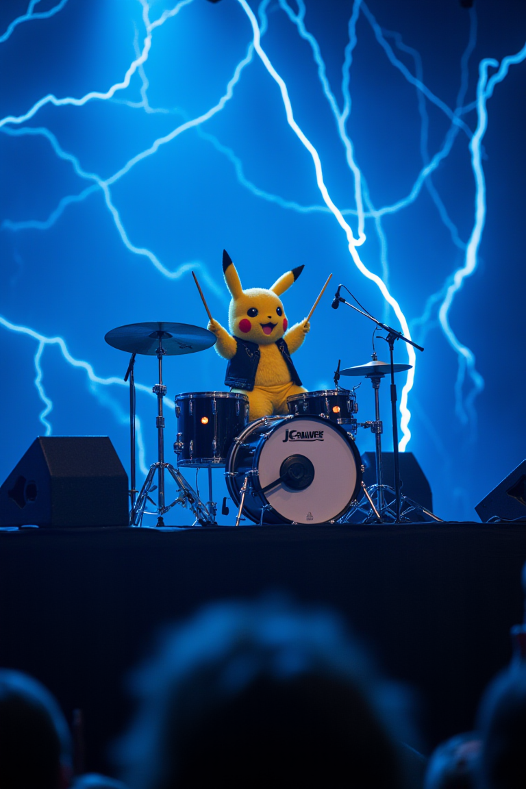 A dimly lit concert stage with a pulsing electric blue backdrop and strobe lights casting an otherworldly glow. Pikachu, dressed in a miniature rockstar outfit, sits atop a drum kit, sticks held high as it begins to play a frenetic rhythm. Lightning effects crackle and pop around the drums, illuminating Pikachu's bright yellow fur. The air is charged with anticipation as the crowd cheers on this electrifying performance.
